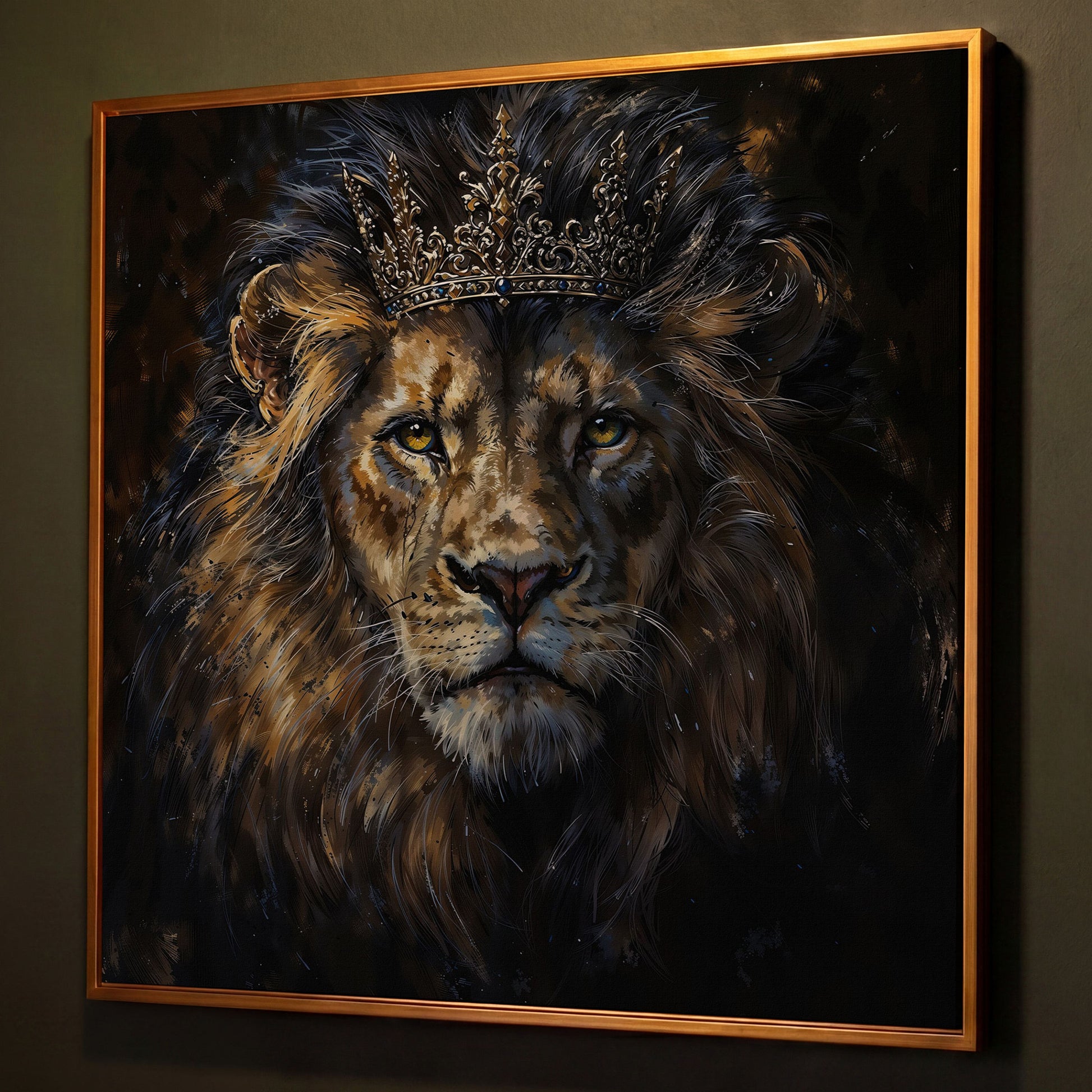 King Lion with Crown Canvas shown in antique gold floating frame