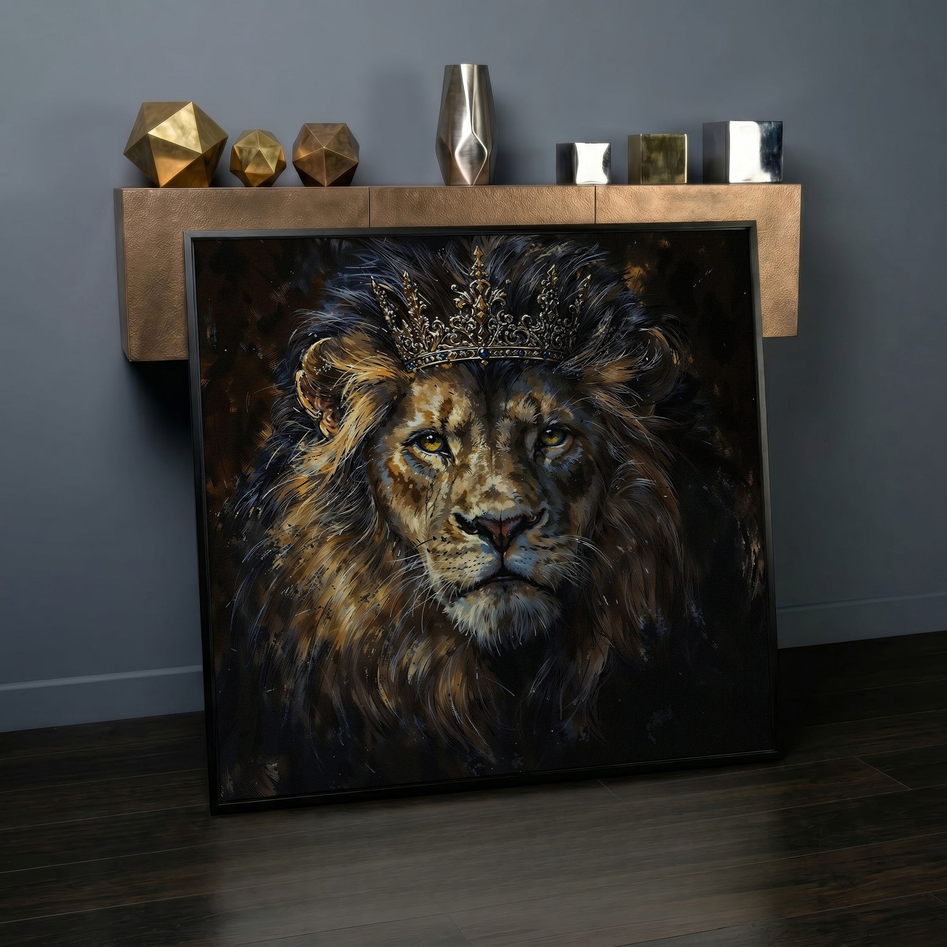 King Lion with Crown Canvas in black floating frame