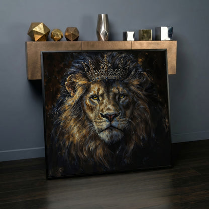 King Lion with Crown Canvas in black floating frame