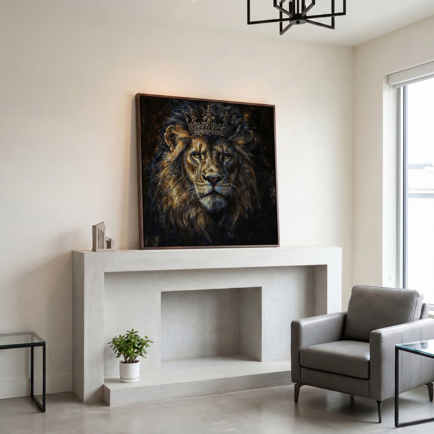 King Lion with Crown Canvas in dark walnut floating frame