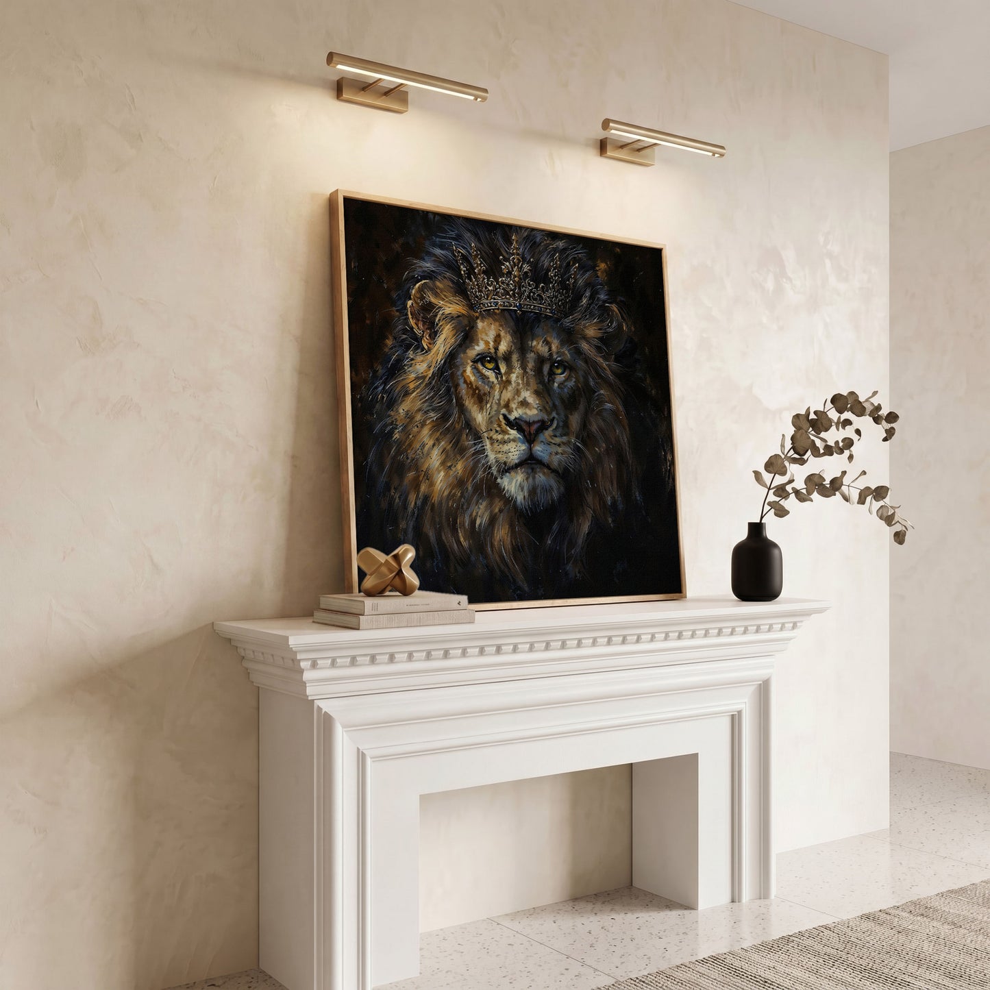 King Lion with Crown Canvas in white oak floating frame