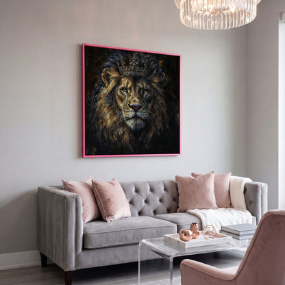 King Lion with Crown Canvas in pink floating frame