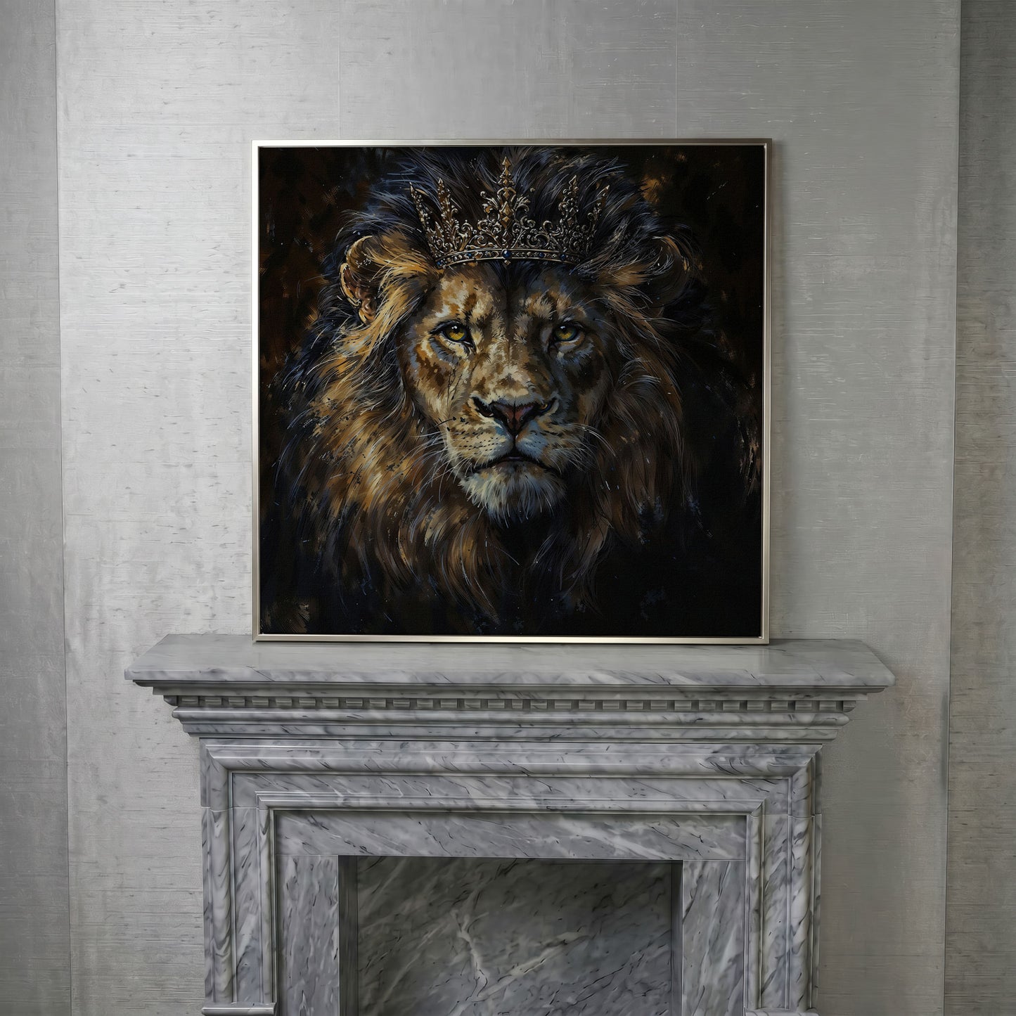 King Lion with Crown Canvas in silver floating frame
