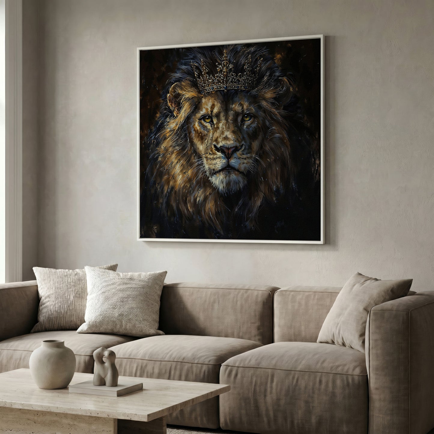 King Lion with Crown Canvas in white floating frame