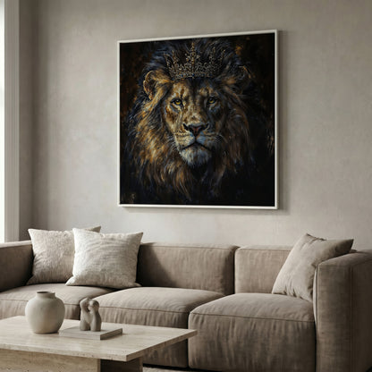 King Lion with Crown Canvas in white floating frame