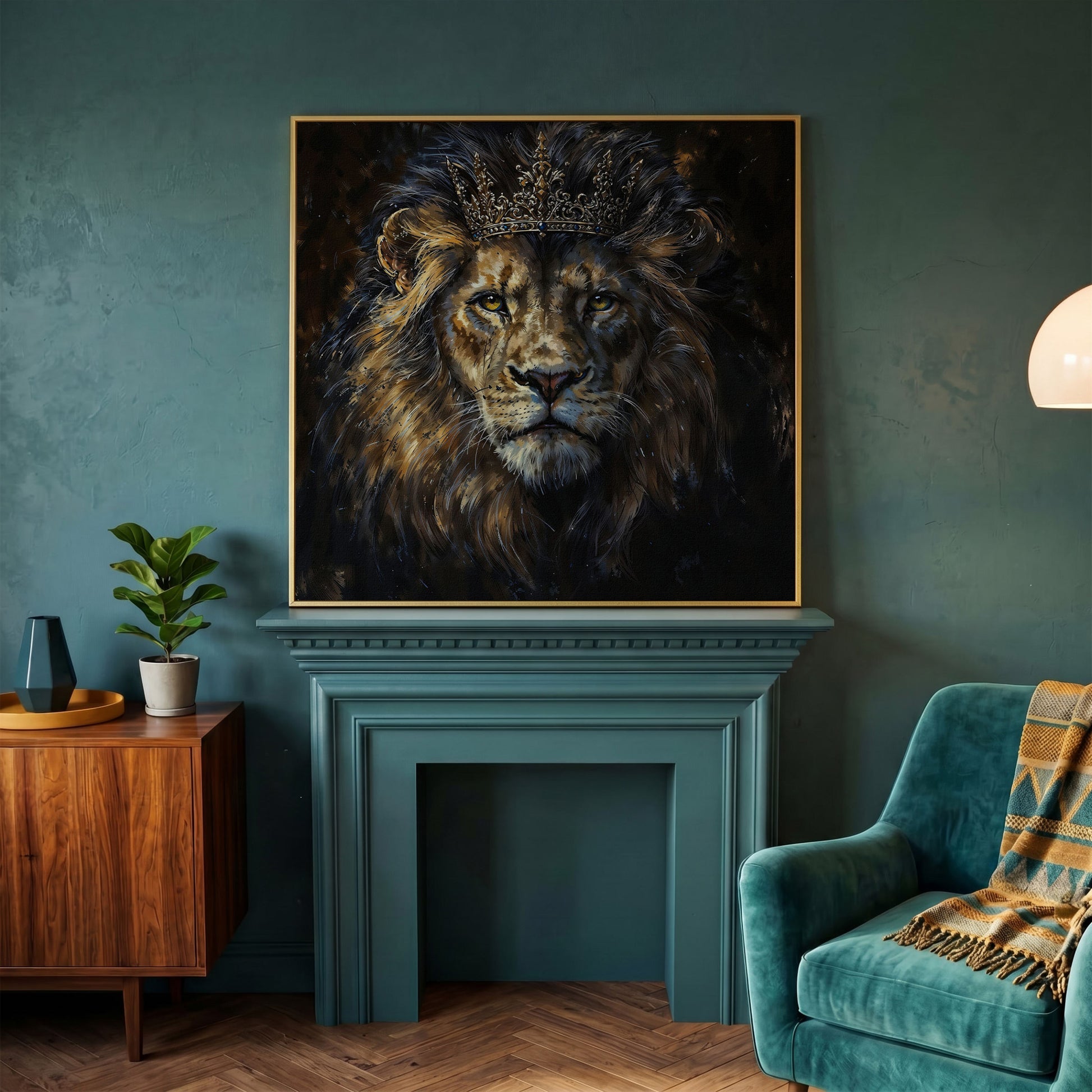 King Lion with Crown Canvas in yellow gold floating frame