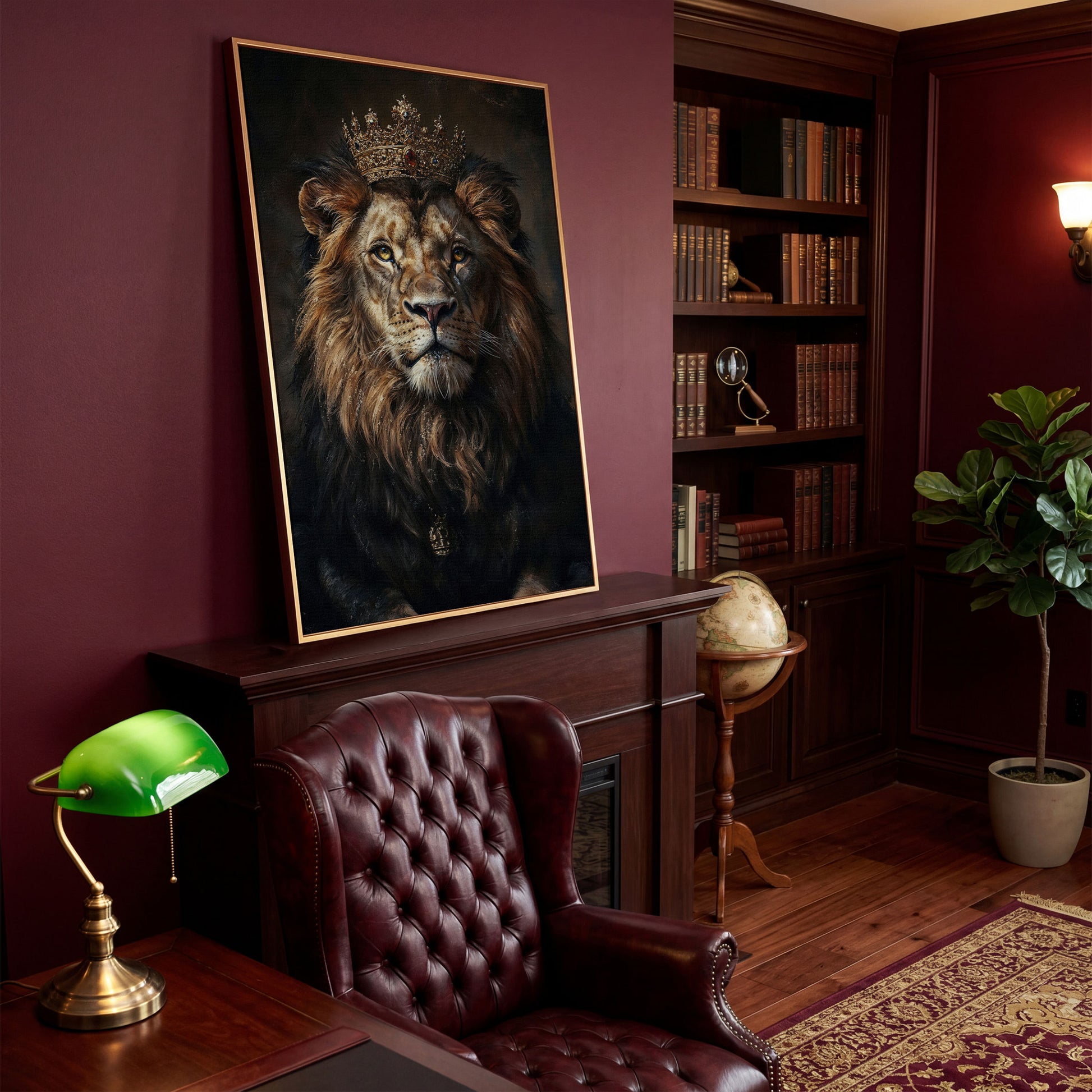 Majestic Lion with Crown Canvas Print in antique gold floating frame