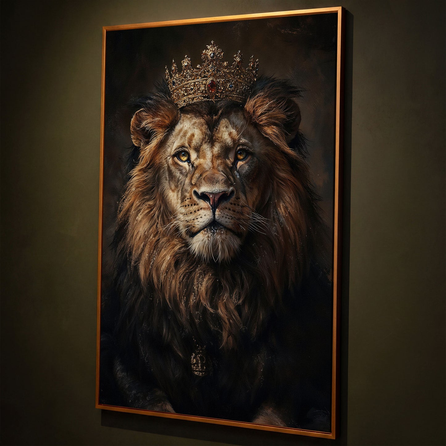 Majestic Lion with Crown Canvas Print shown in antique gold floating frame