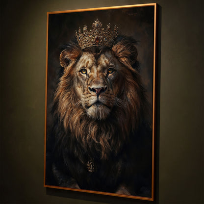 Majestic Lion with Crown Canvas Print shown in antique gold floating frame