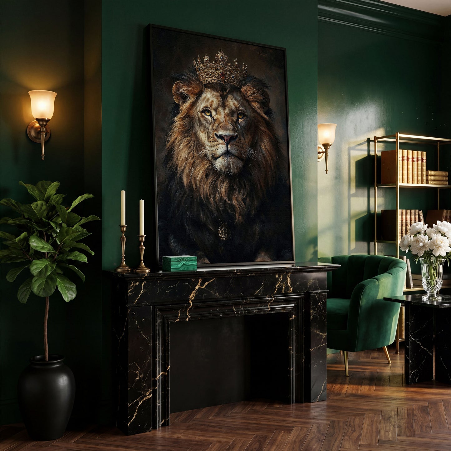 Majestic Lion with Crown Canvas Print in black floating frame