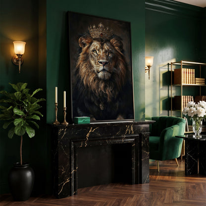 Majestic Lion with Crown Canvas Print in black floating frame