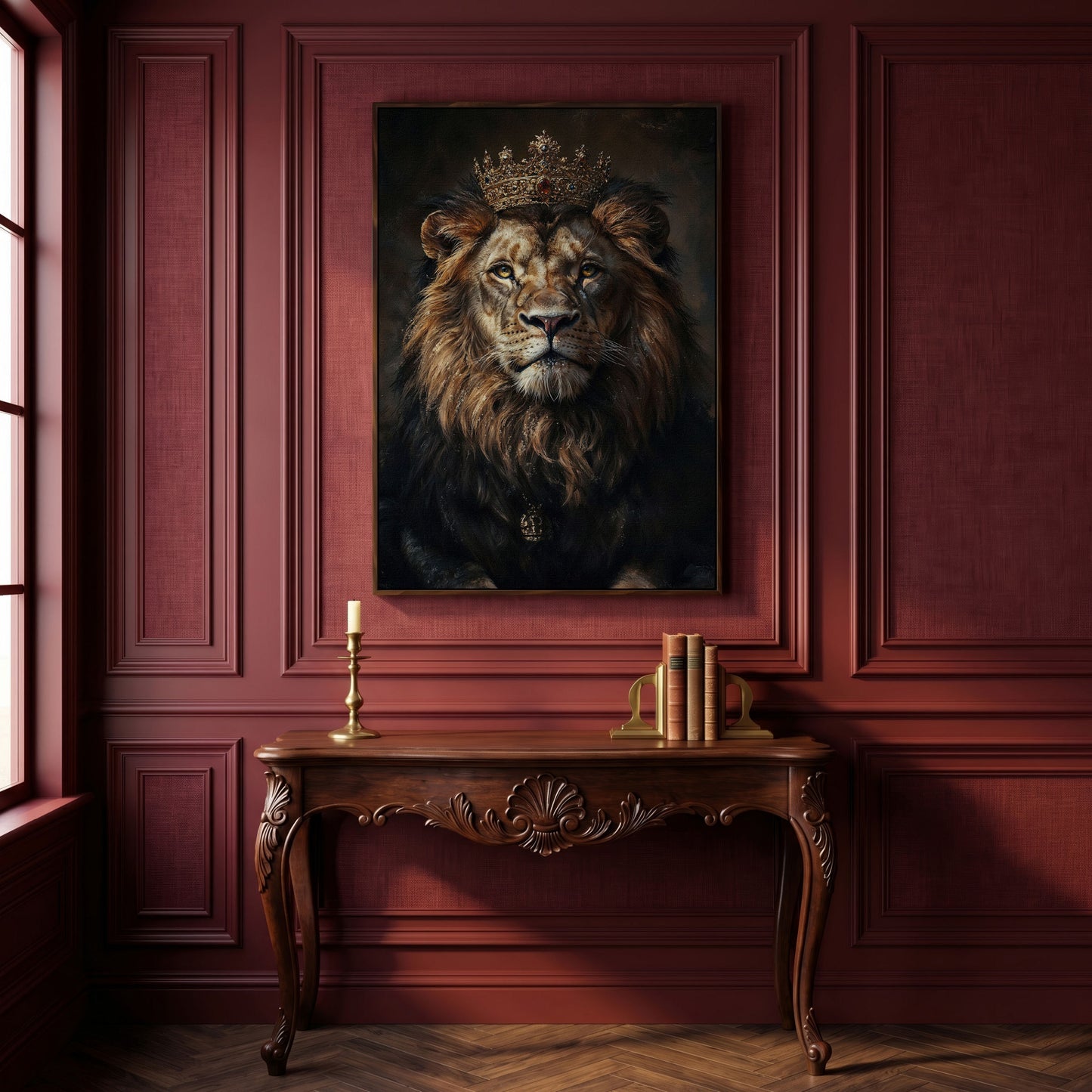 Majestic Lion with Crown Canvas Print in dark walnut floating frame