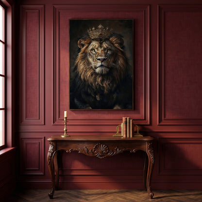 Majestic Lion with Crown Canvas Print in dark walnut floating frame