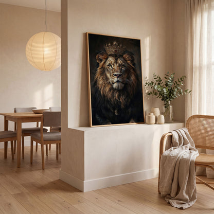 Majestic Lion with Crown Canvas Print in white oak floating frame