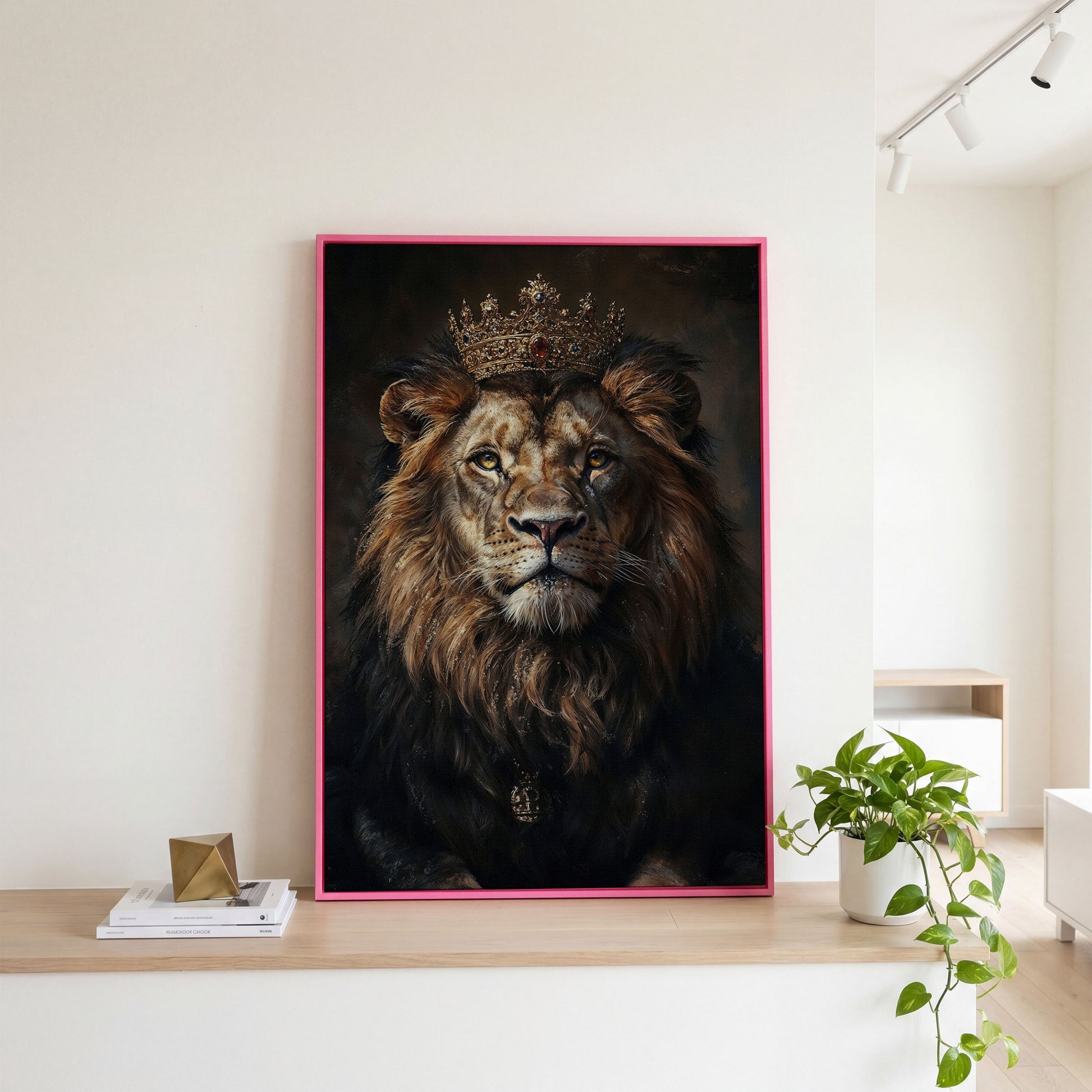 Majestic Lion with Crown Canvas Print in pink floating frame