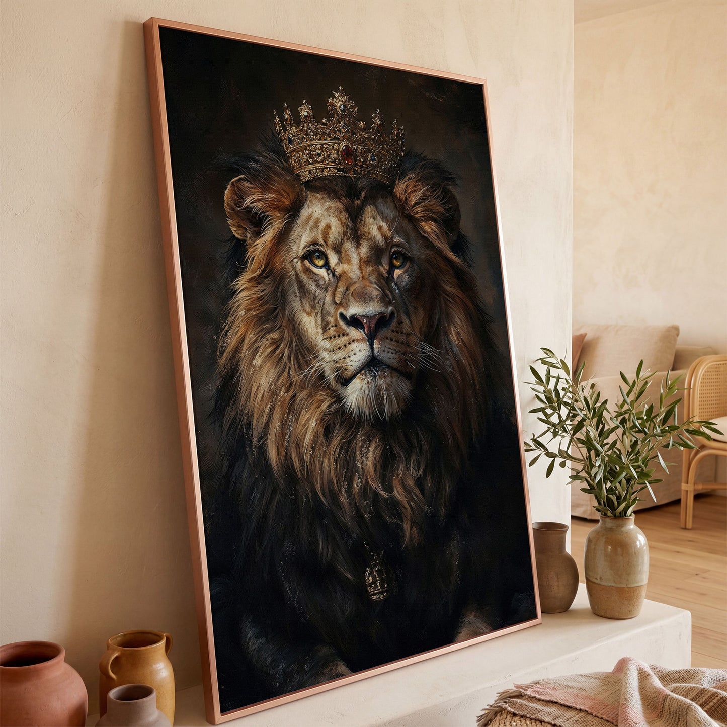 Majestic Lion with Crown Canvas Print in rose gold floating frame