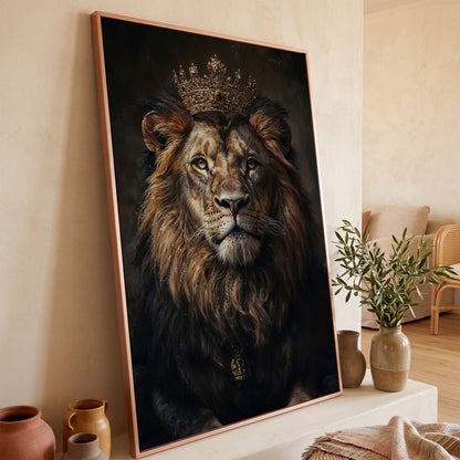 Majestic Lion with Crown Canvas Print in rose gold floating frame