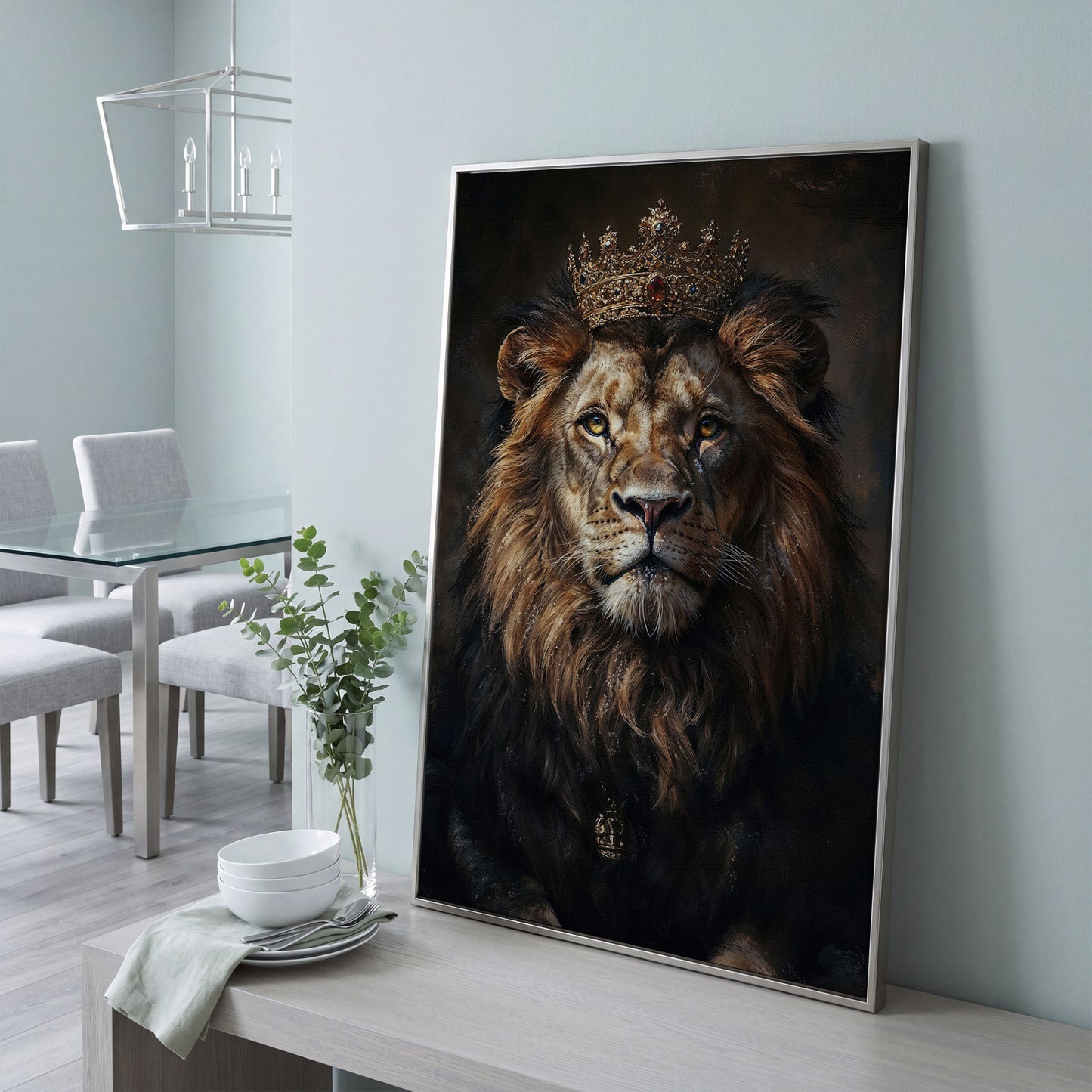 Majestic Lion with Crown Canvas Print in silver floating frame