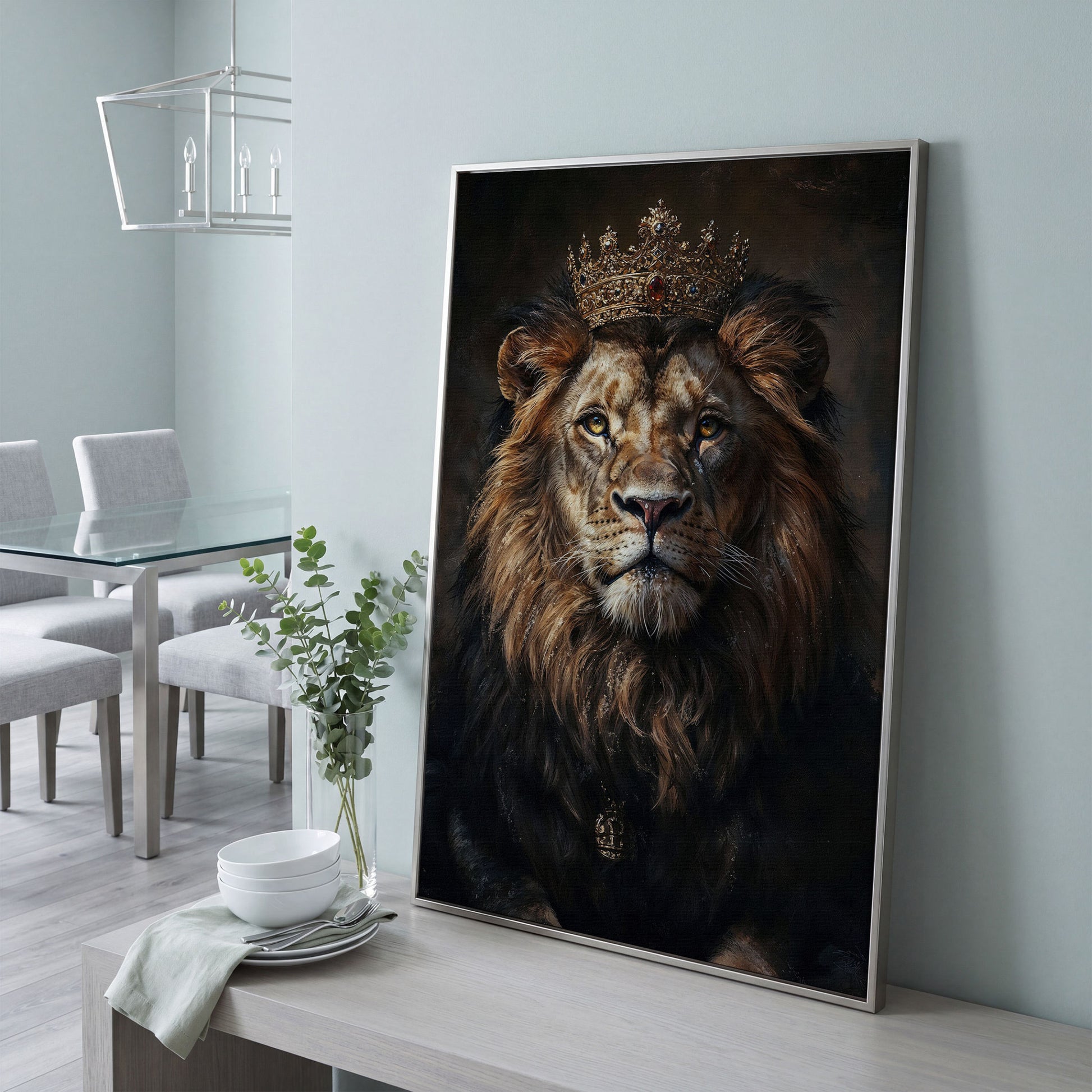 Majestic Lion with Crown Canvas Print in silver floating frame