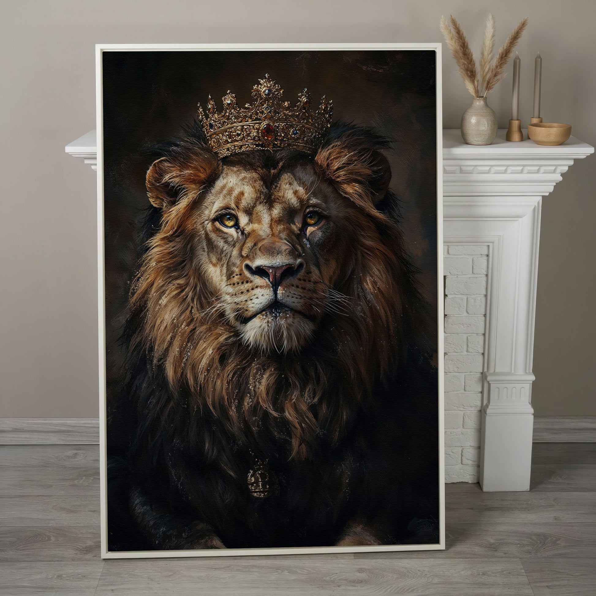 Majestic Lion with Crown Canvas Print in white floating frame