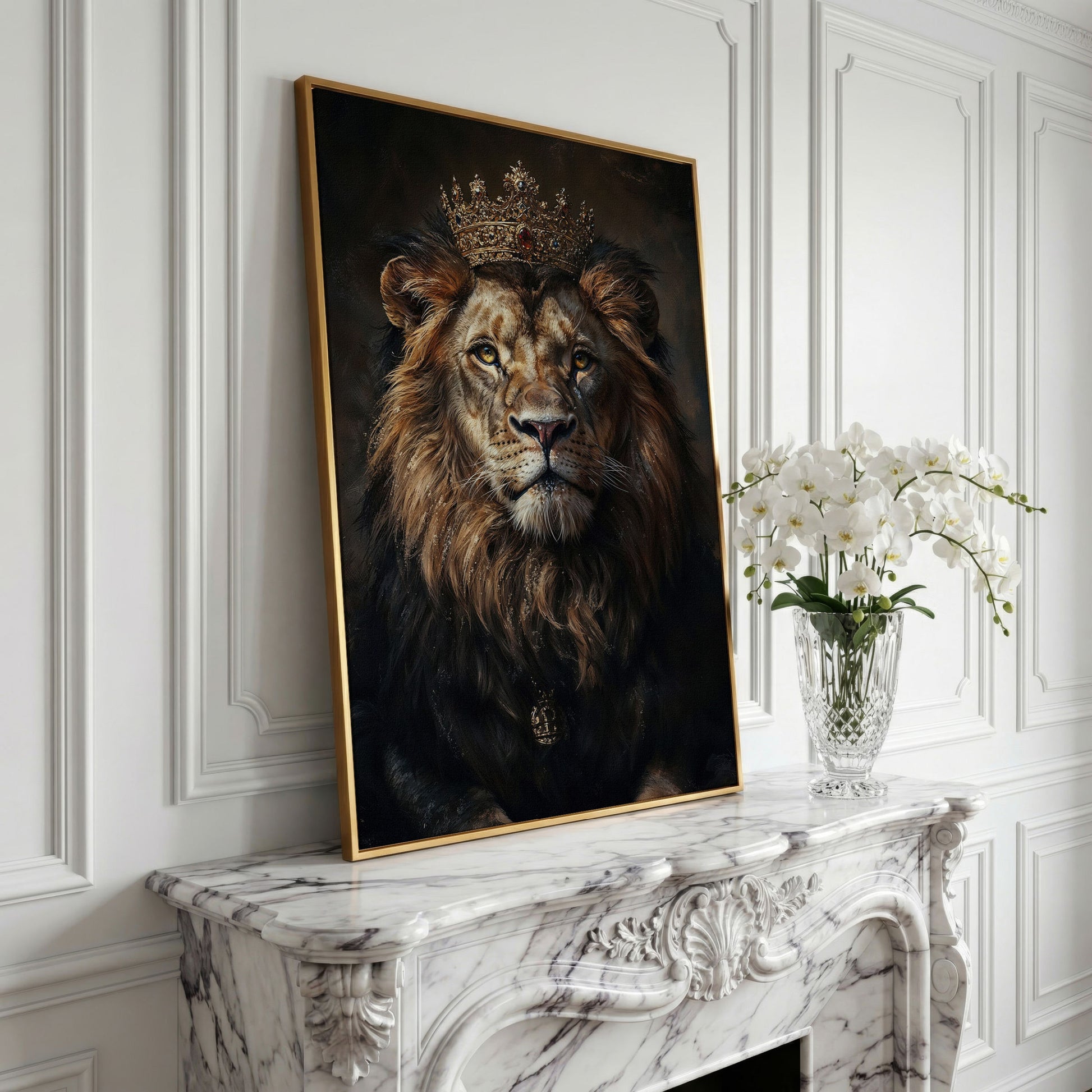 Majestic Lion with Crown Canvas Print in yellow gold floating frame