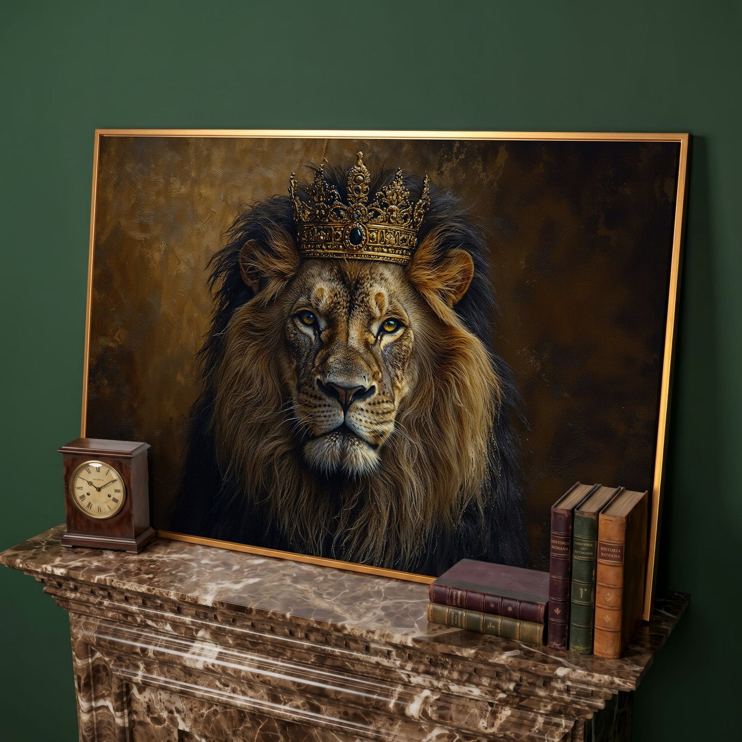 Royal Lion with Crown Canvas Print in antique gold floating frame