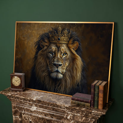 Royal Lion with Crown Canvas Print in antique gold floating frame
