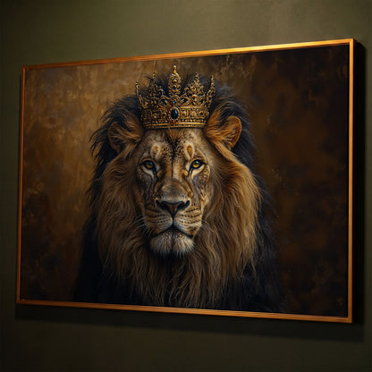Royal Lion with Crown Canvas Print shown in antique gold floating frame