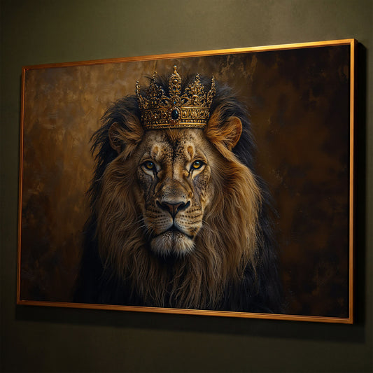 Royal Lion with Crown Canvas Print shown in antique gold floating frame