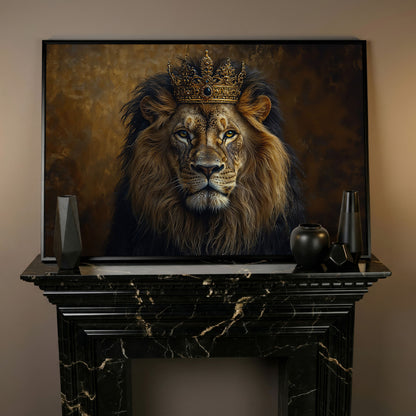 Royal Lion with Crown Canvas Print in black floating frame