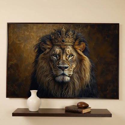 Royal Lion with Crown Canvas Print in dark walnut floating frame