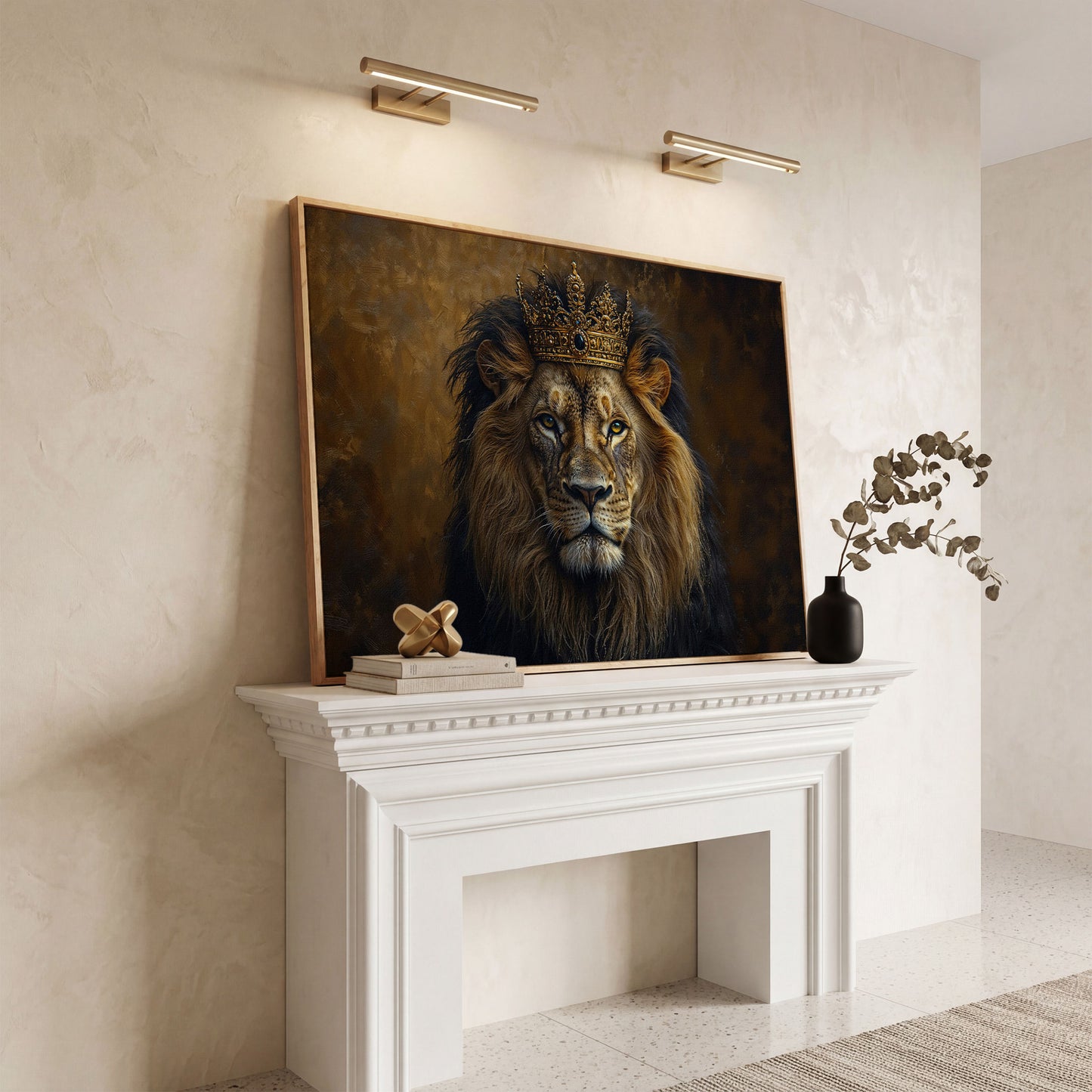 Royal Lion with Crown Canvas Print in white oak floating frame