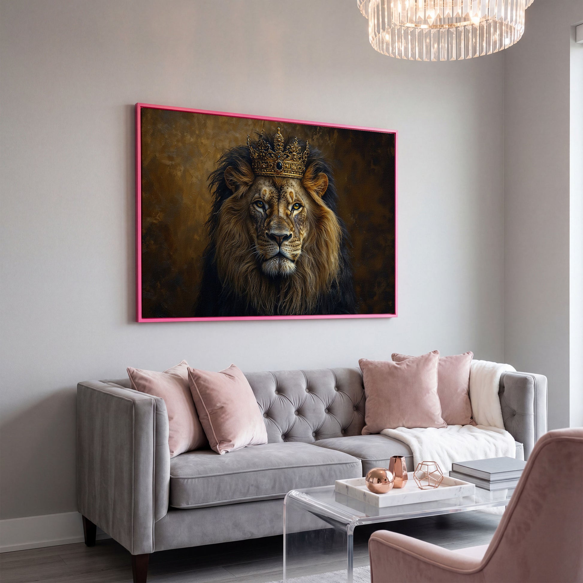 Royal Lion with Crown Canvas Print in pink floating frame