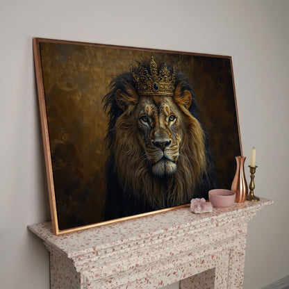 Royal Lion with Crown Canvas Print in rose gold floating frame