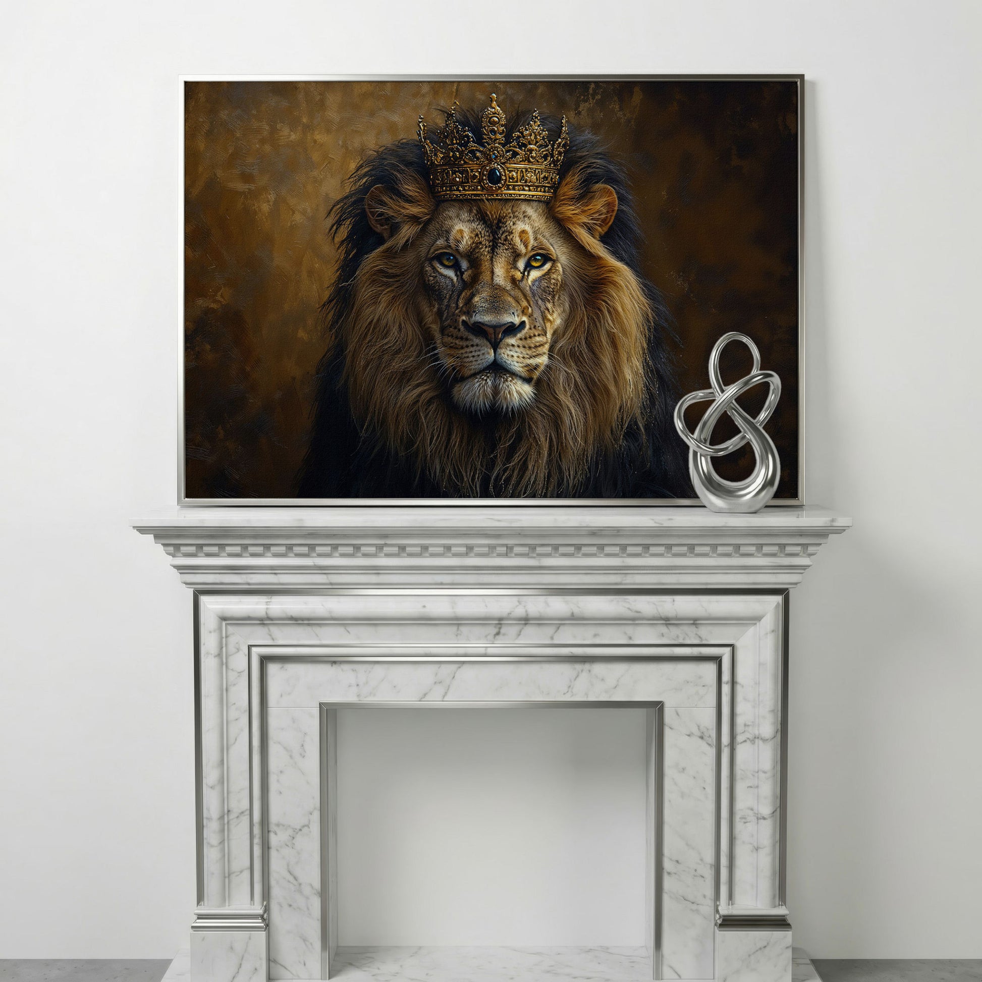 Royal Lion with Crown Canvas Print in silver floating frame