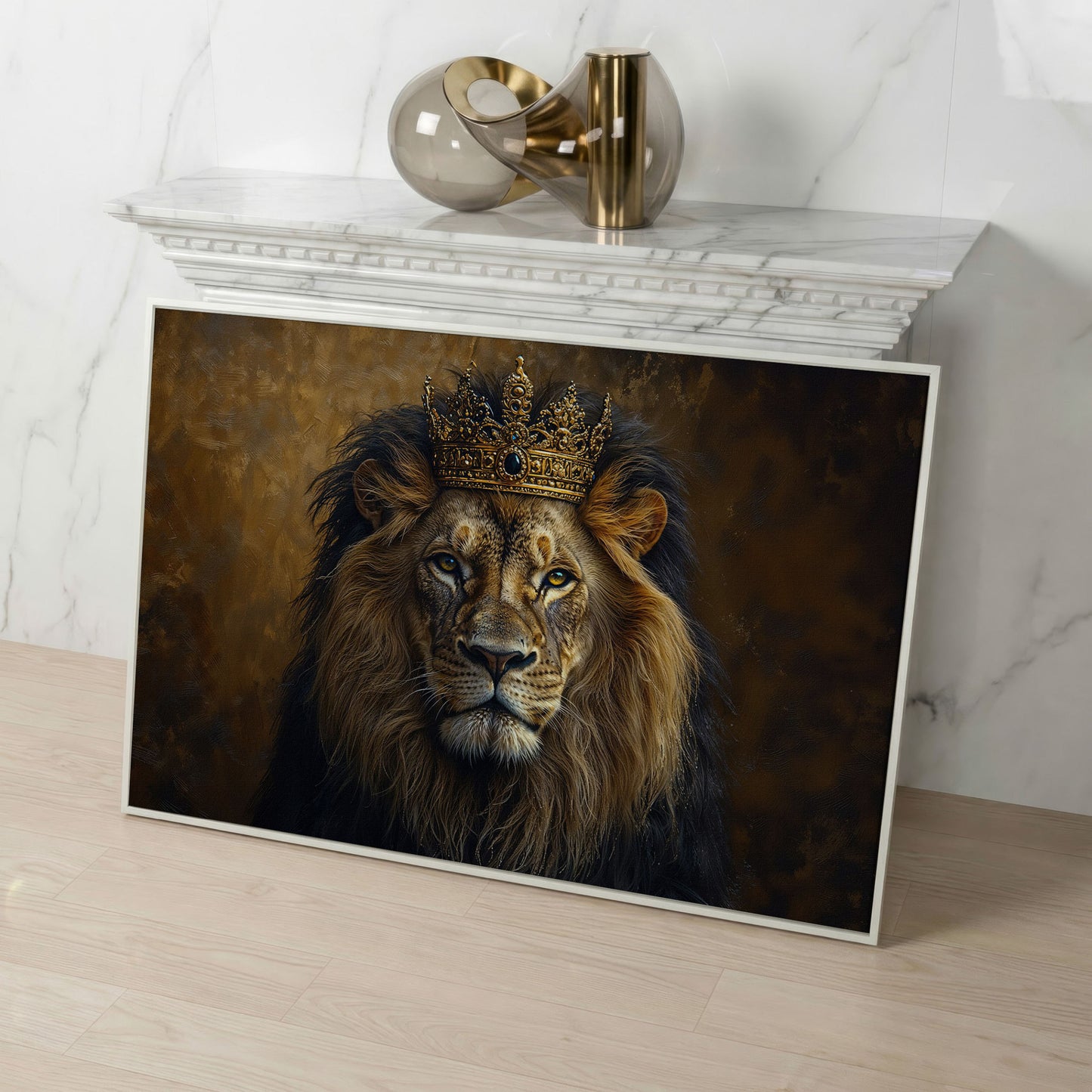 Royal Lion with Crown Canvas Print in white floating frame