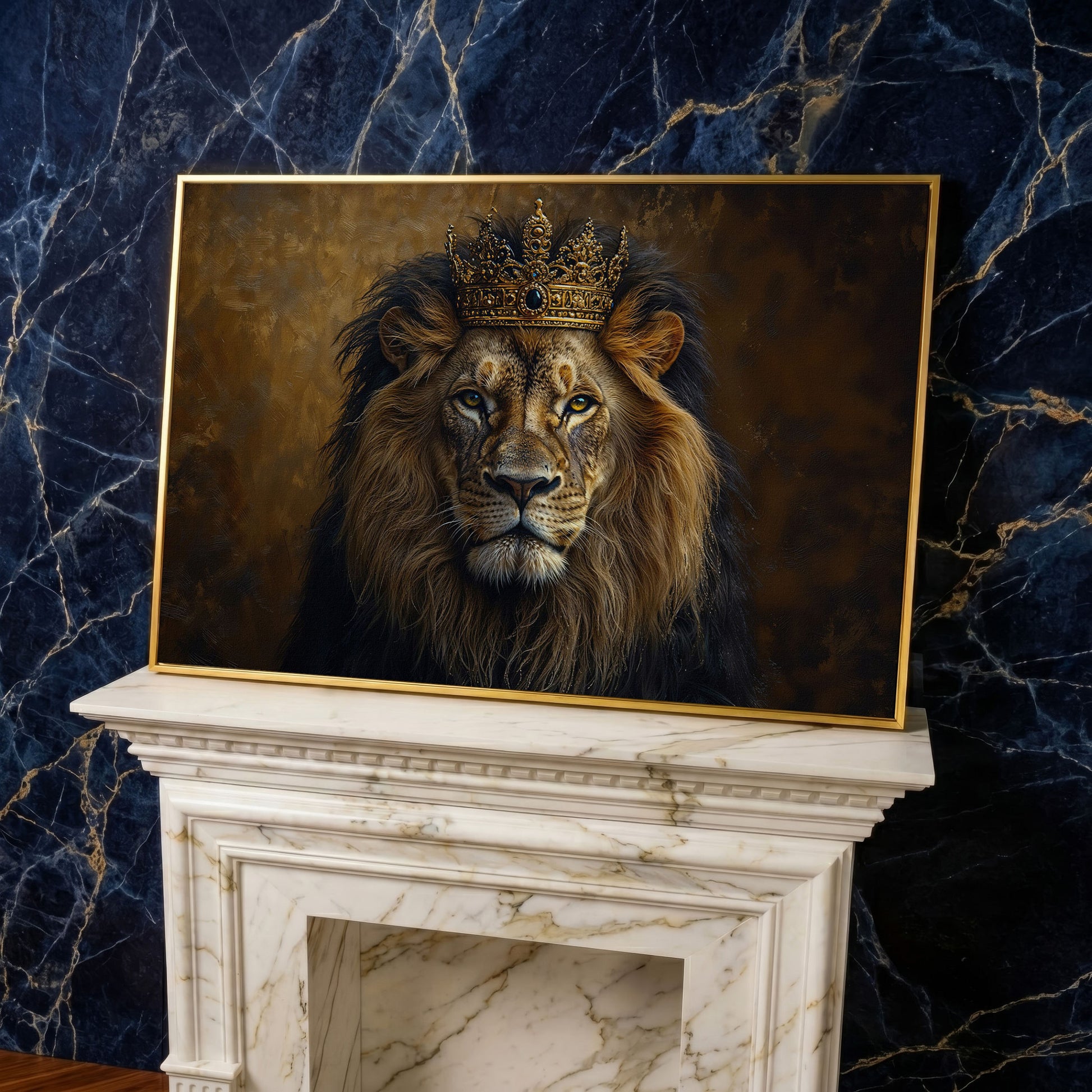 Royal Lion with Crown Canvas Print in yellow gold floating frame