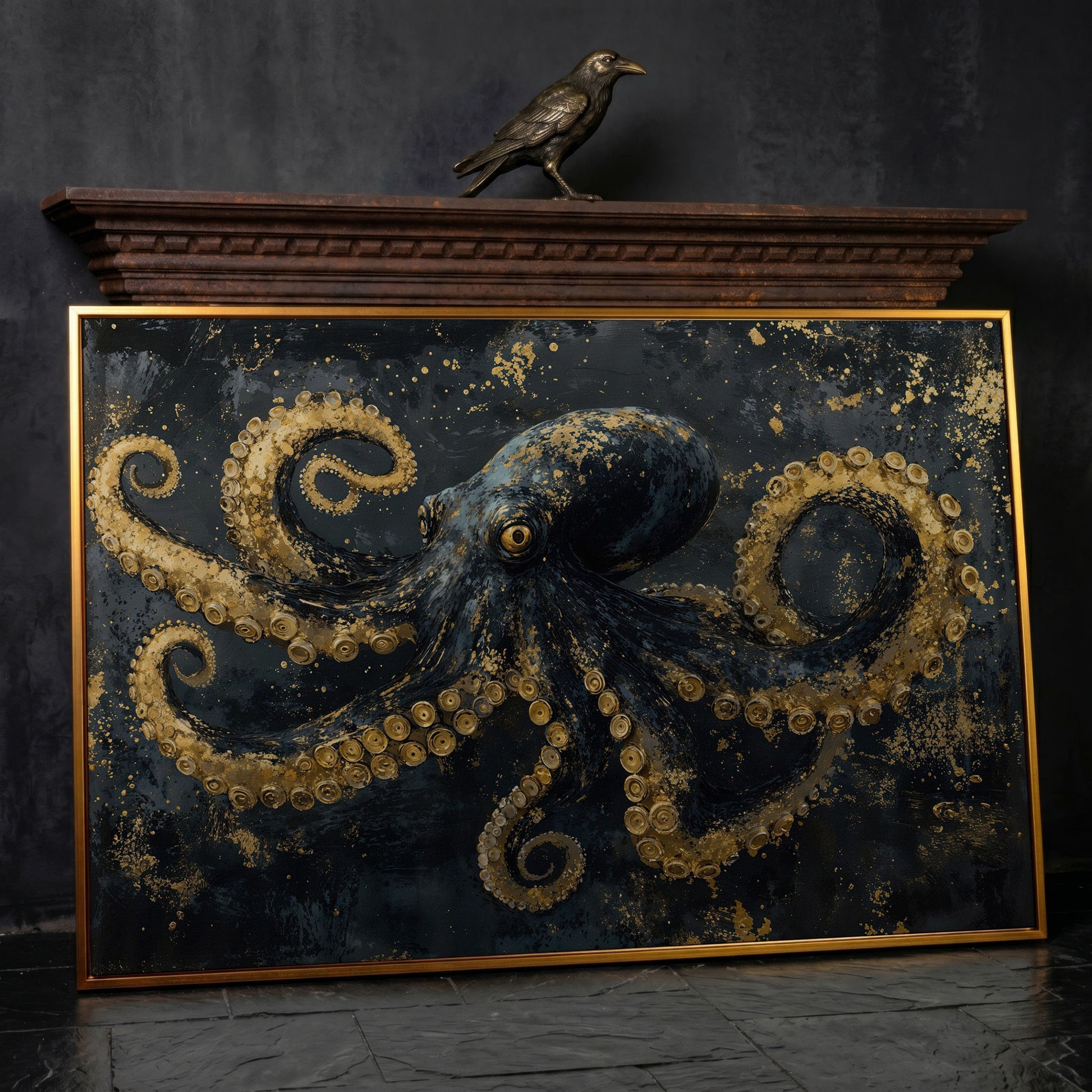 Dark Octopus Canvas Wall Art. Gothic Deep Sea Creature Print in antique gold floating frame
