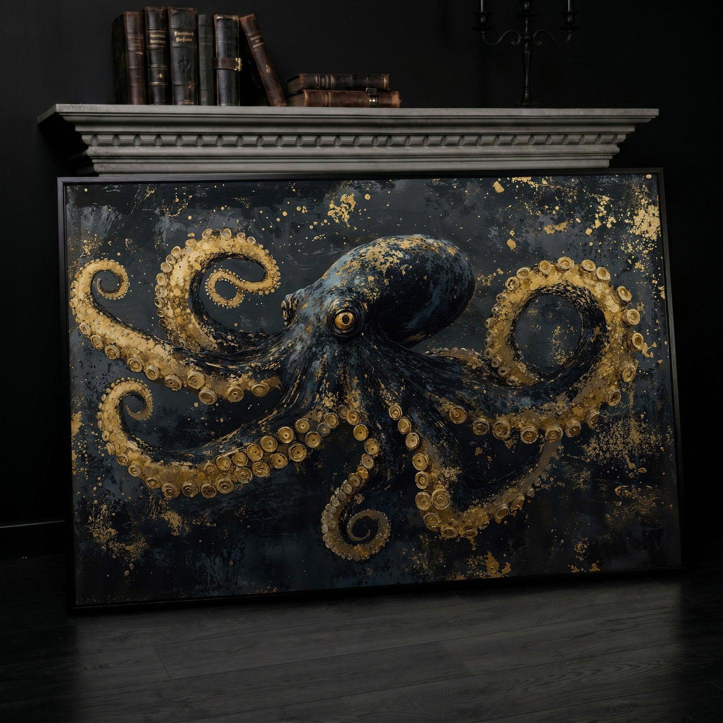 Dark Octopus Canvas Wall Art. Gothic Deep Sea Creature Print in black floating frame