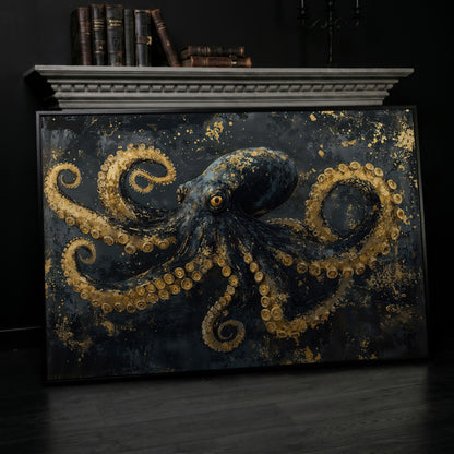 Dark Octopus Canvas Wall Art. Gothic Deep Sea Creature Print in black floating frame