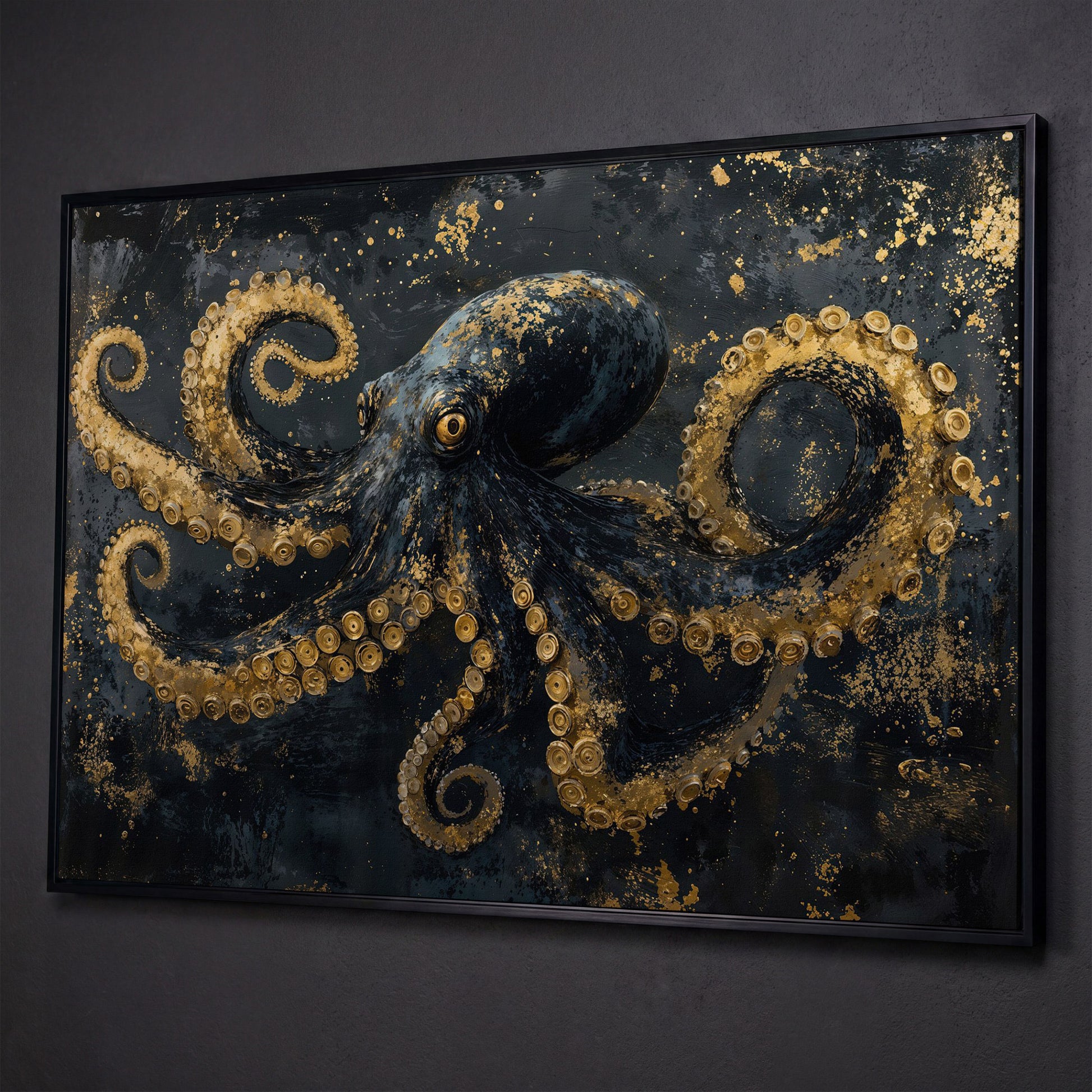 Dark Octopus Canvas Wall Art. Gothic Deep Sea Creature Print shown in black floating frame