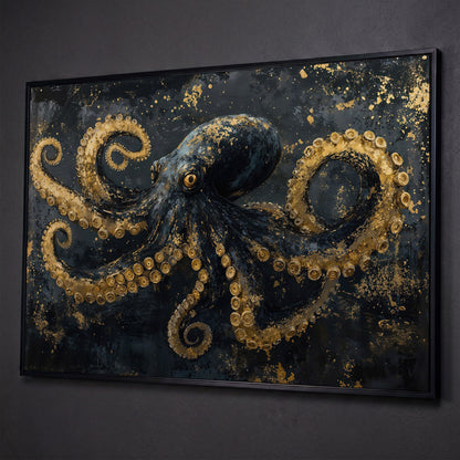 Dark Octopus Canvas Wall Art. Gothic Deep Sea Creature Print shown in black floating frame