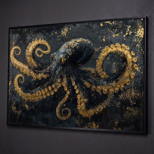 Dark Octopus Canvas Wall Art. Gothic Deep Sea Creature Print shown in black floating frame