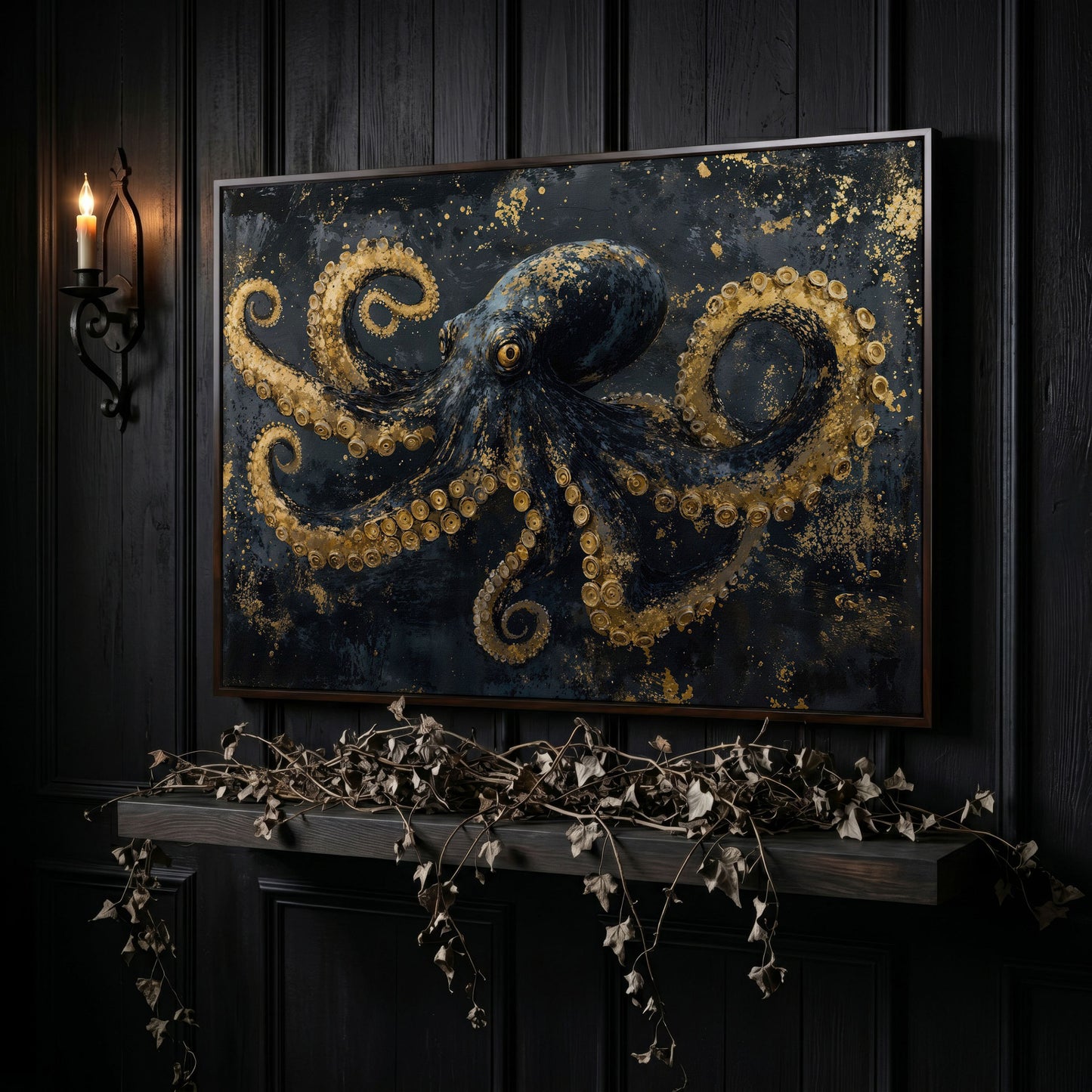 Dark Octopus Canvas Wall Art. Gothic Deep Sea Creature Print in dark walnut floating frame