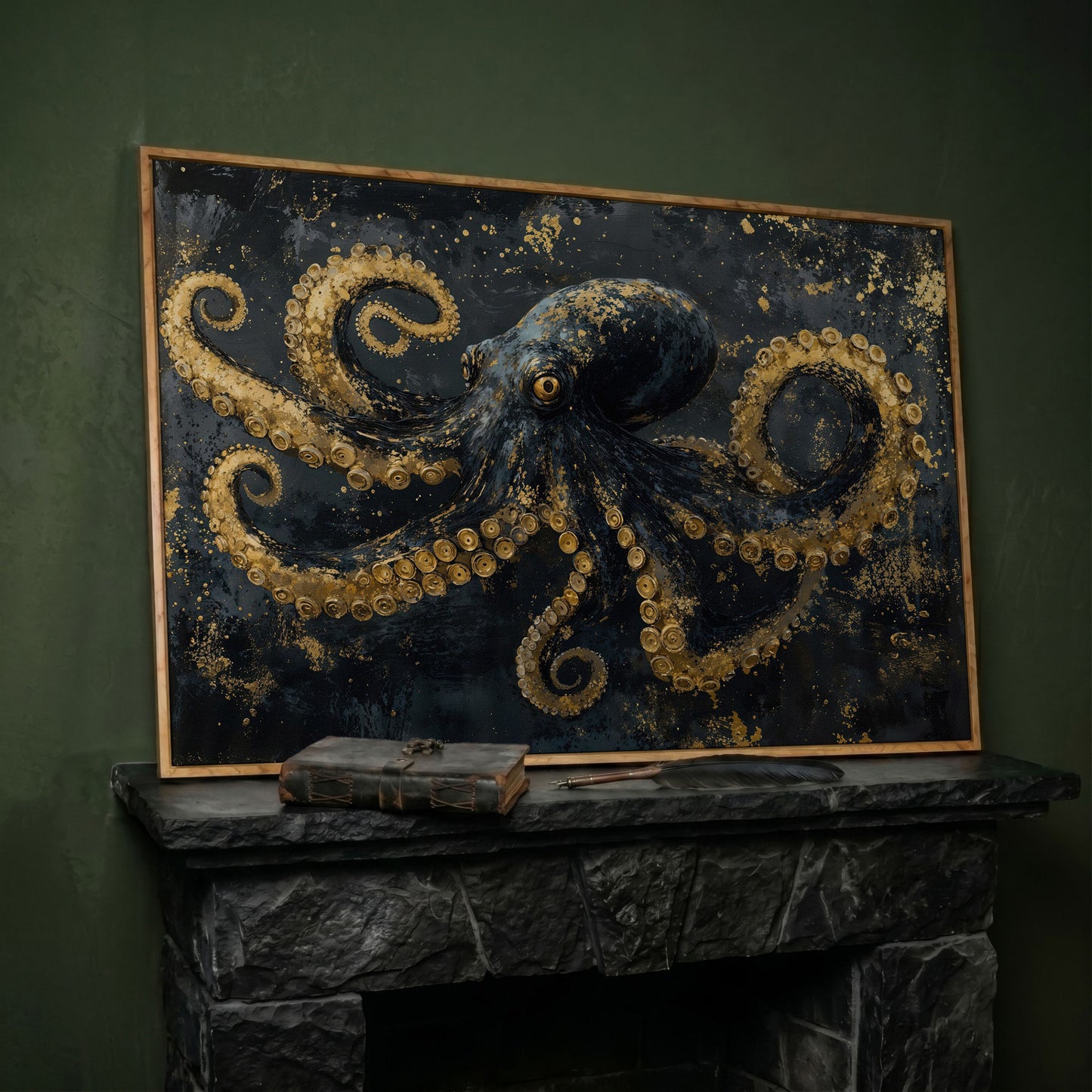 Dark Octopus Canvas Wall Art. Gothic Deep Sea Creature Print in white oak floating frame