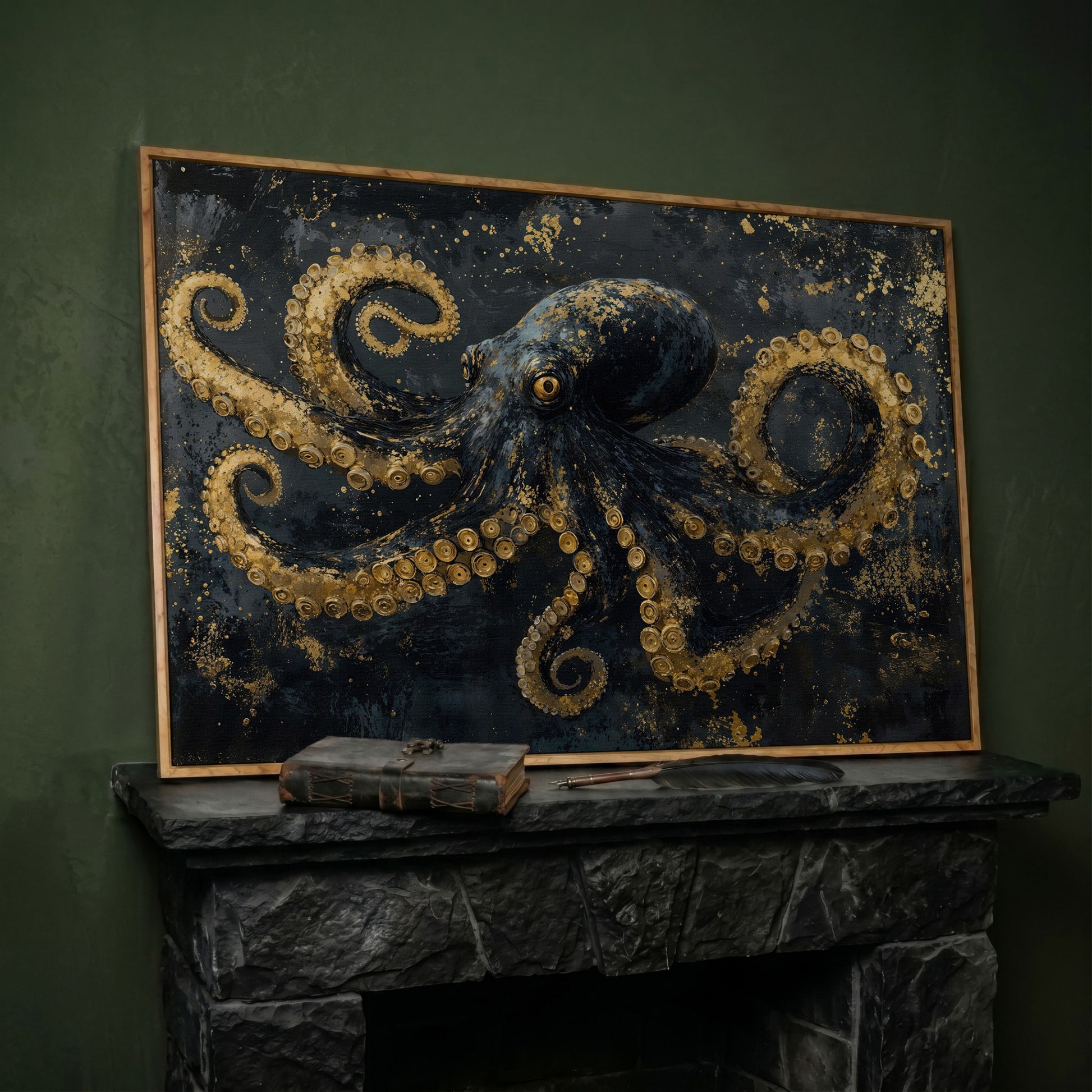 Dark Octopus Canvas Wall Art. Gothic Deep Sea Creature Print in white oak floating frame