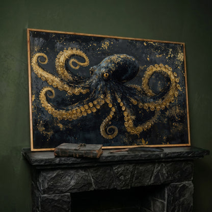 Dark Octopus Canvas Wall Art. Gothic Deep Sea Creature Print in white oak floating frame