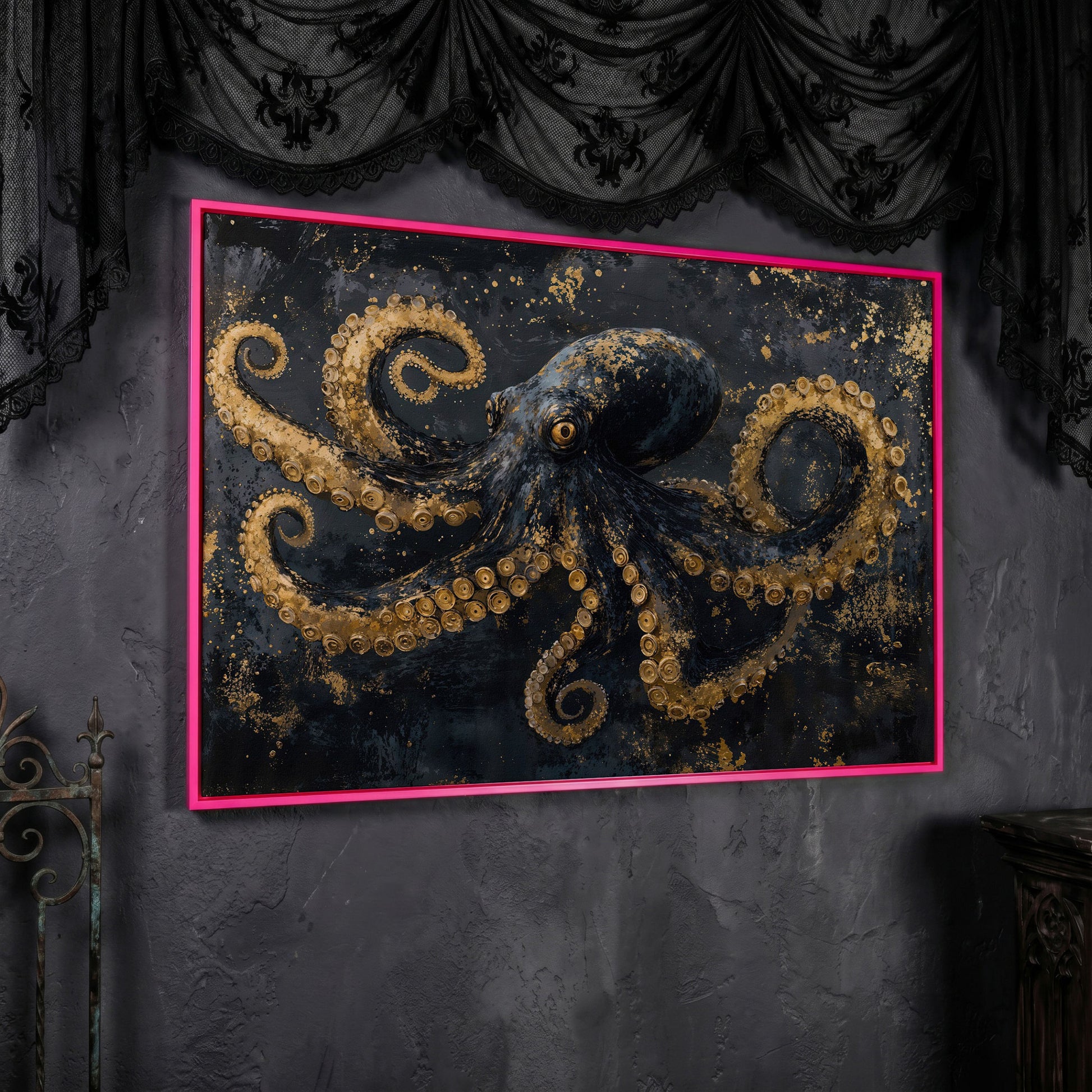 Dark Octopus Canvas Wall Art. Gothic Deep Sea Creature Print in pink floating frame