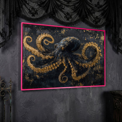 Dark Octopus Canvas Wall Art. Gothic Deep Sea Creature Print in pink floating frame
