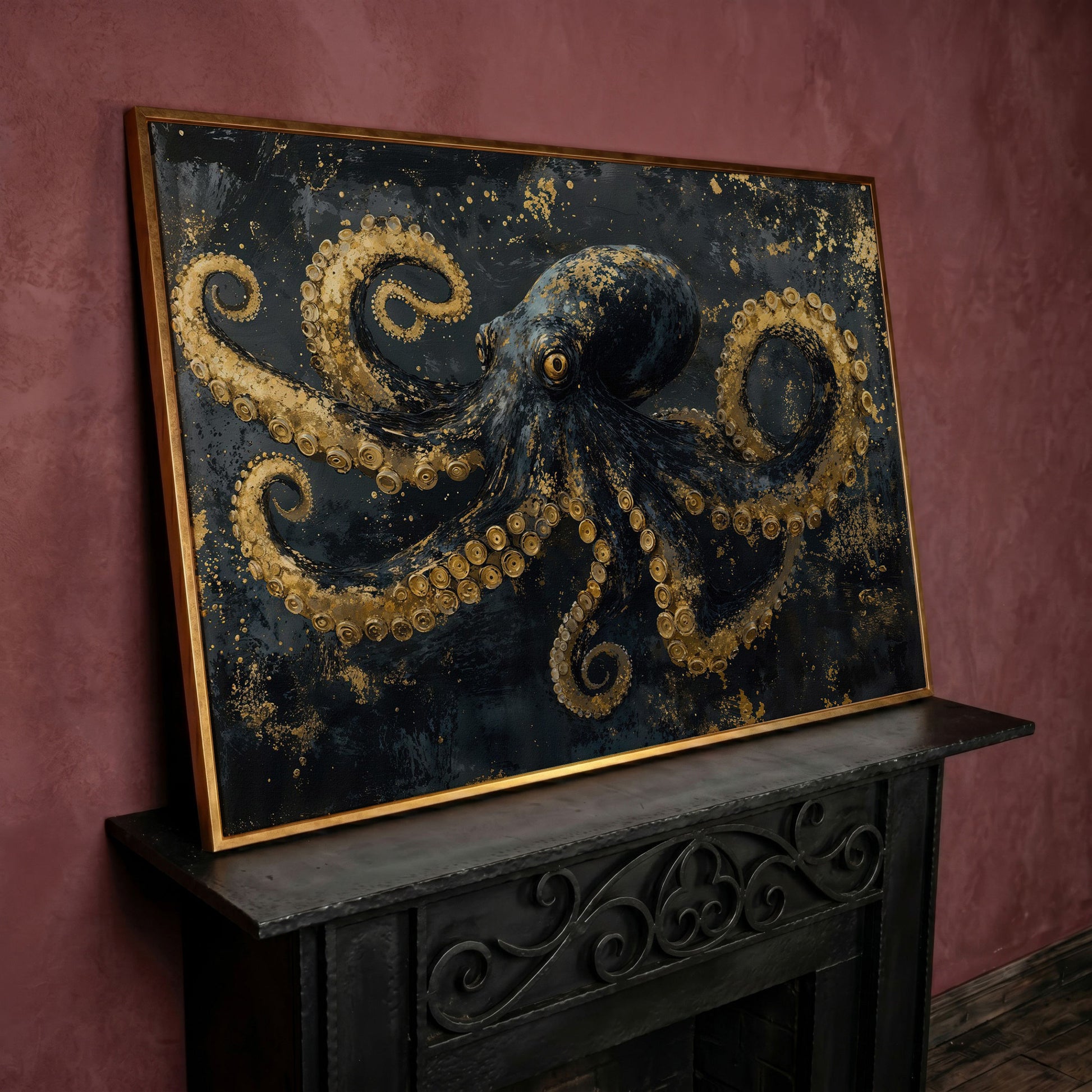 Dark Octopus Canvas Wall Art. Gothic Deep Sea Creature Print in rose gold floating frame